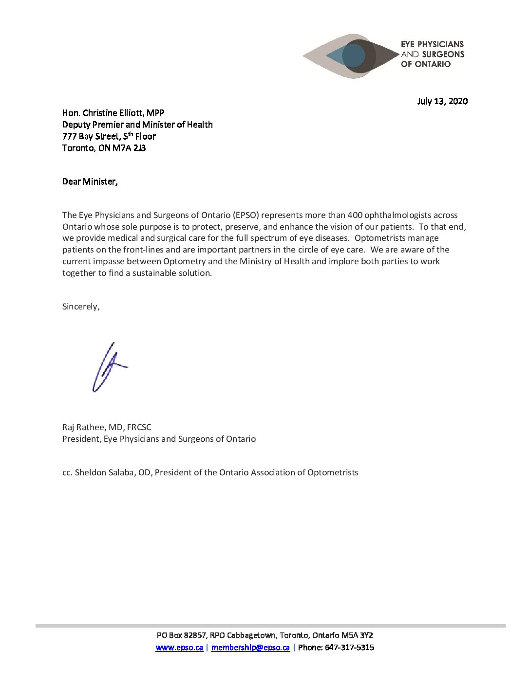 2020-07-14 EPSO Letter to MOH | Eye Physicians and Surgeons of Ontario